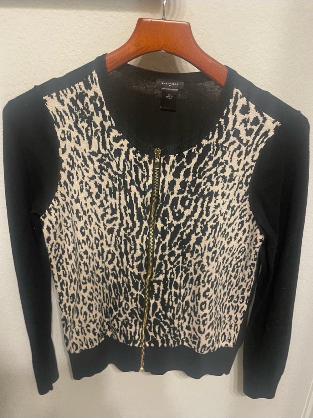 Ann Taylor Black & Cream Leopard Zip-Front Sweater
